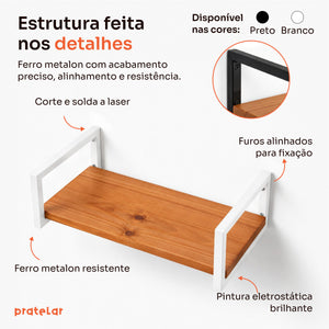 Detalhes da prateleira industrial branca: corte e solda a laser, furos alinhados, pintura eletrostática #60x20cm|80x20cm|100x20cm #branco