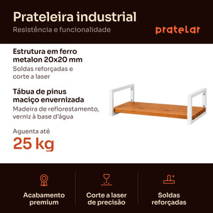 Prateleira industrial branca: estrutura em metalon 20x20 mm, tábua de pinus, aguenta 25 kg #60x20cm|80x20cm|100x20cm #branco