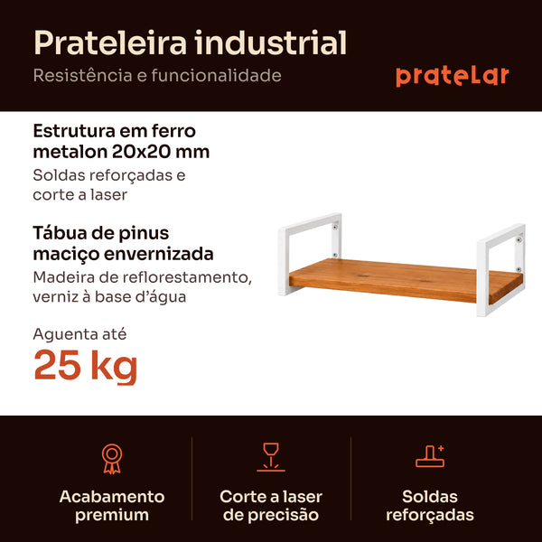 Prateleira industrial branca: estrutura em metalon 20x20 mm, tábua de pinus, aguenta 25 kg #60x20cm|80x20cm|100x20cm #branco