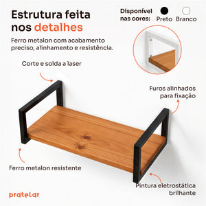 Detalhes da prateleira industrial preta: corte e solda a laser, furos alinhados, pintura eletrostática #60x20cm|80x20cm|100x20cm #preto