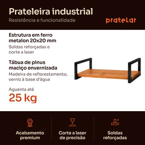 Prateleira industrial preta: estrutura em metalon 20x20 mm, tábua de pinus, aguenta 25 kg #60x20cm|80x20cm|100x20cm #preto
