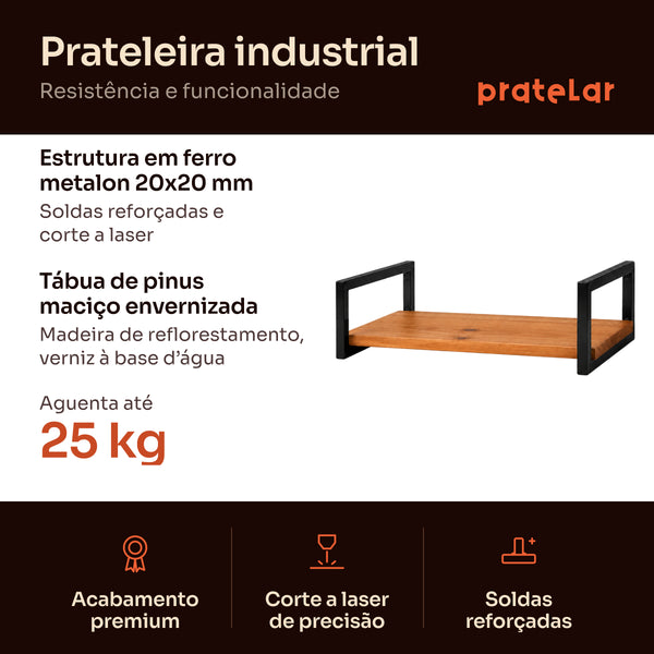 Prateleira industrial preta: estrutura em metalon 20x20 mm, tábua de pinus, aguenta 25 kg #60x20cm|80x20cm|100x20cm #preto