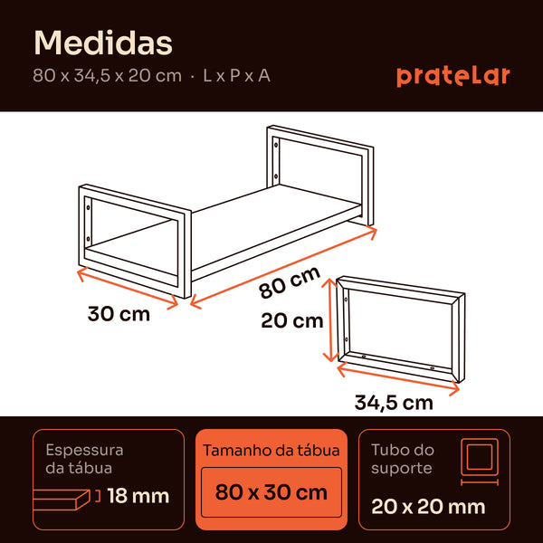 Medidas da prateleira industrial 80x30 cm: 80 x 34,5 x 20 cm, tábua 80 x 30 cm #80x30cm