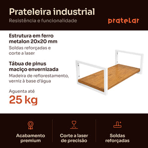 Prateleira industrial branca 60x30 cm: estrutura em metalon 20x20 mm, tábua de pinus, aguenta 25 kg #60x30cm #branco