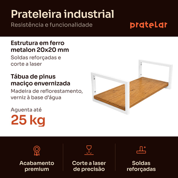 Prateleira industrial branca 60x30 cm: estrutura em metalon 20x20 mm, tábua de pinus, aguenta 25 kg #60x30cm #branco