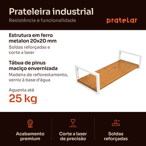 Prateleira industrial branca 80x30 cm: estrutura em metalon 20x20 mm, tábua de pinus, aguenta 25 kg #80x30cm #branco