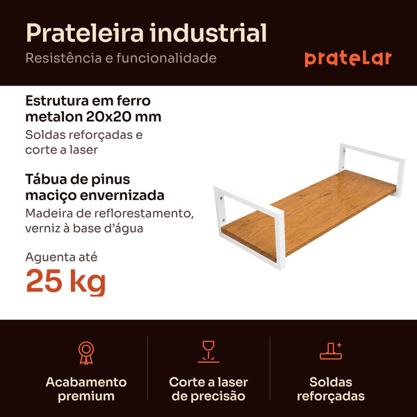 Prateleira industrial branca 80x30 cm: estrutura em metalon 20x20 mm, tábua de pinus, aguenta 25 kg #80x30cm #branco