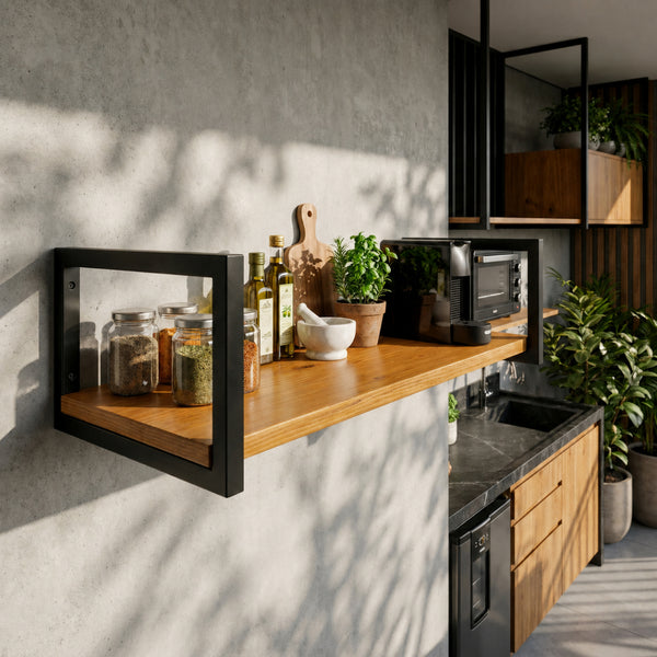 Prateleira industrial preta 60x30 cm decorando a cozinha #60x30cm #preto