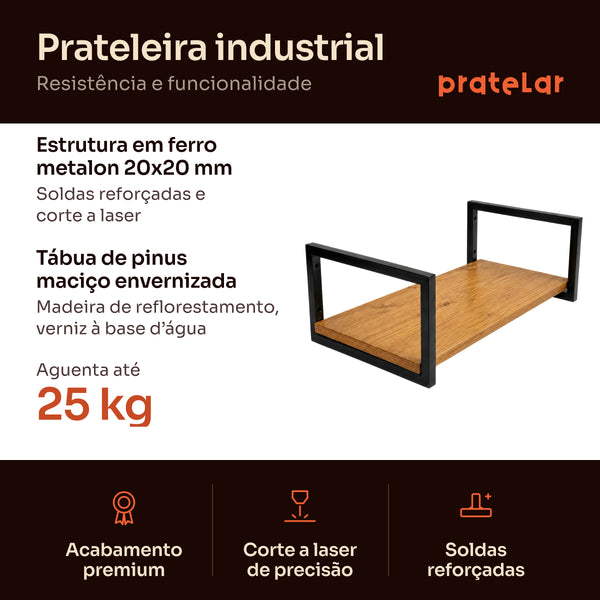 Prateleira industrial preta 60x30 cm: estrutura em metalon 20x20 mm, tábua de pinus, aguenta 25 kg #60x30cm #preto