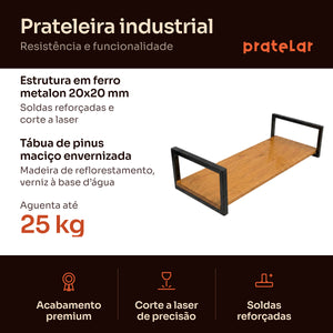 Prateleira industrial preta 80x30 cm: estrutura em metalon 20x20 mm, tábua de pinus, aguenta 25 kg #80x30cm #preto