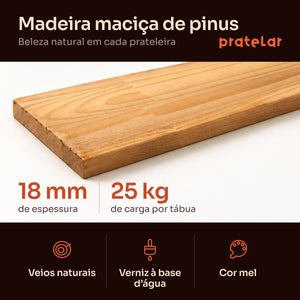 Tábua de madeira maciça de pinus 18 mm com verniz à base d'água cor mel, 25 kg por tábua, prateleiras industriais Pratelar #all
