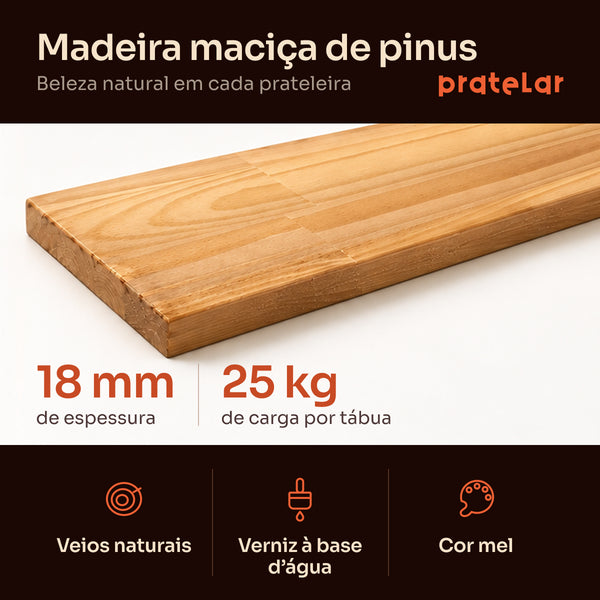 Tábua de madeira maciça de pinus 18 mm com verniz à base d'água cor mel, 25 kg por tábua, prateleiras industriais Pratelar #all
