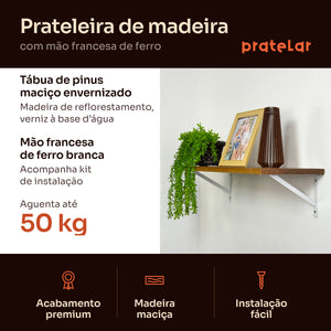 Prateleira de madeira maciça com mão francesa branca, benefícios e carga de 50 kg, Pratelar #branco