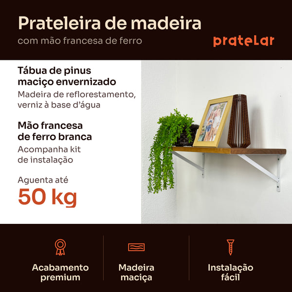 Prateleira de madeira maciça com mão francesa branca, benefícios e carga de 50 kg, Pratelar #branco
