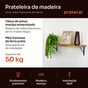 Prateleira de madeira maciça com mão francesa preta, benefícios e carga de 50 kg, Pratelar #preto