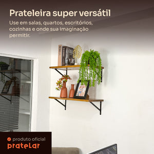 Prateleira de madeira com mão francesa preta em escritório, prateleira super versátil, Pratelar #preto