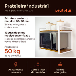 Prateleira para micro-ondas industrial branca: estrutura em metalon 20x20 mm, tábuas de pinus, aguenta 50 kg #branco