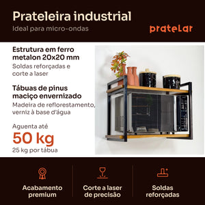 Prateleira para micro-ondas industrial preta: estrutura em metalon 20x20 mm, tábuas de pinus, aguenta 50 kg #preto