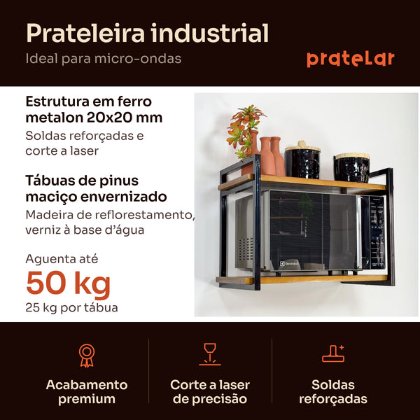 Prateleira para micro-ondas industrial preta: estrutura em metalon 20x20 mm, tábuas de pinus, aguenta 50 kg #preto