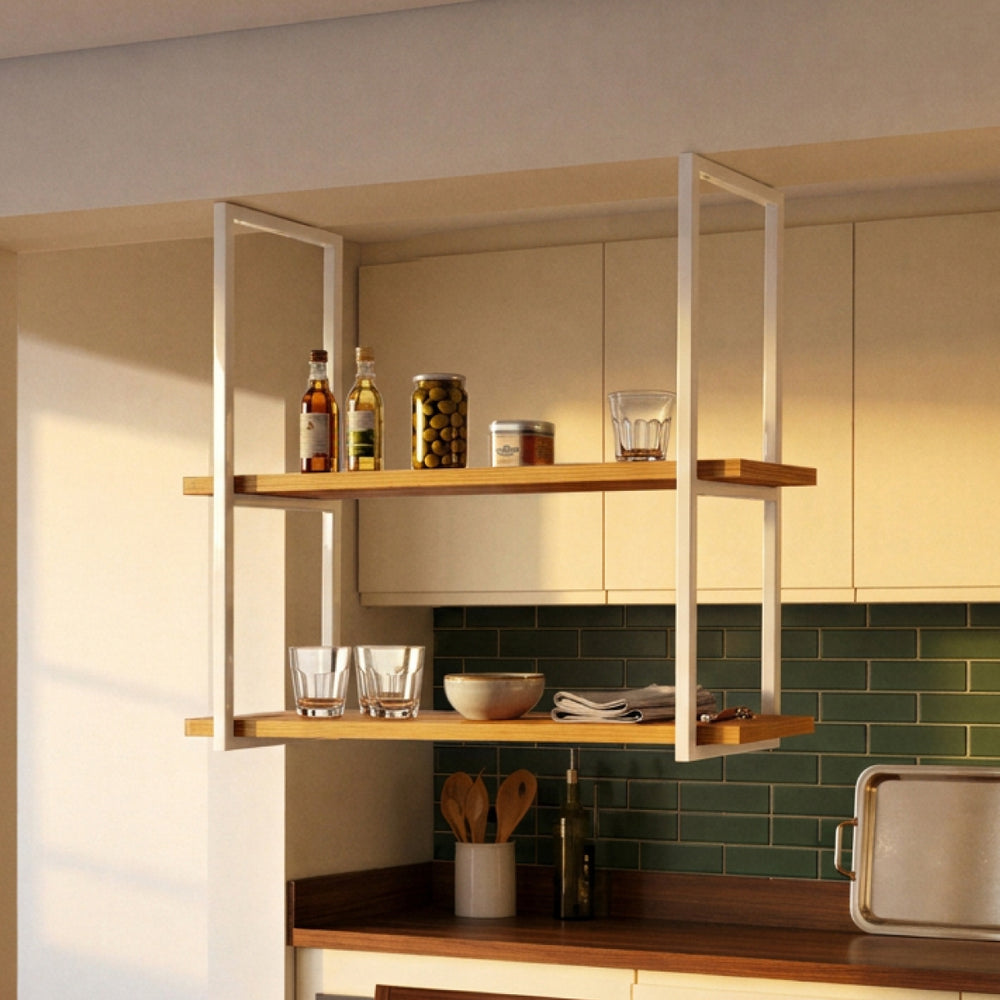Prateleira de teto industrial preta na cozinha com garrafas, potes e copos #80x20cm|100x20cm|120x20cm #preto