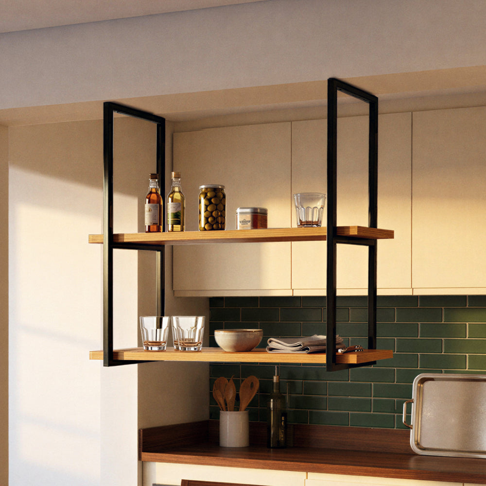 Prateleira de teto industrial preta na cozinha com garrafas, potes e copos #80x20cm|100x20cm|120x20cm #preto