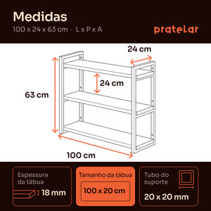 Medidas da prateleira tripla industrial 100x20 cm Pratelar #100x20cm