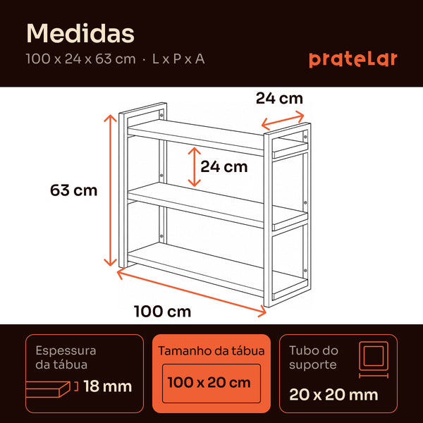 Medidas da prateleira tripla industrial 100x20 cm Pratelar #100x20cm