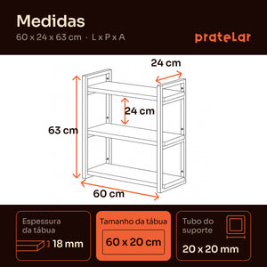 Medidas da prateleira tripla industrial 60x20 cm Pratelar #60x20cm