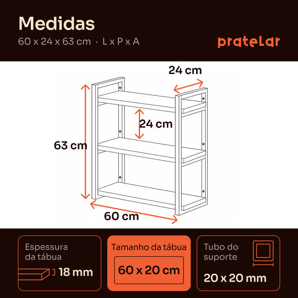 Medidas da prateleira tripla industrial 60x20 cm Pratelar #60x20cm