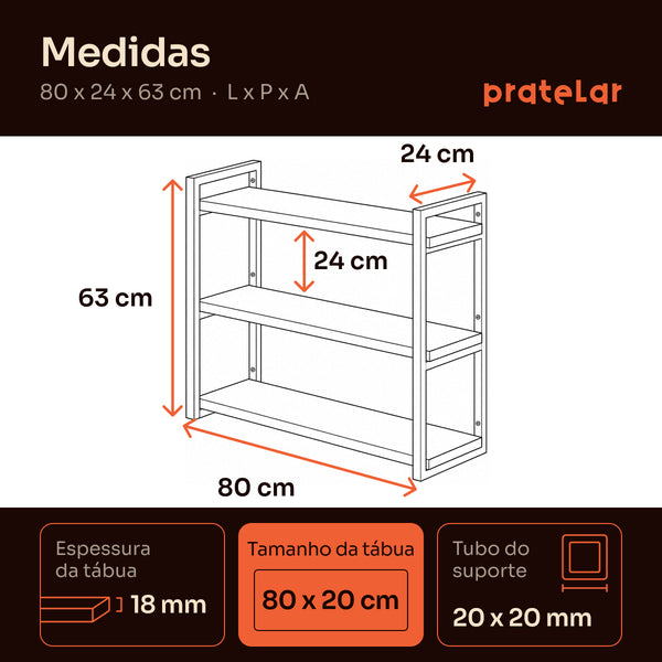 Medidas da prateleira tripla industrial 80x20 cm Pratelar #80x20cm