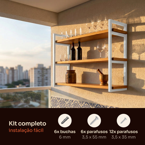 Prateleira tripla industrial branca 100x20 cm instalada em ambiente, Pratelar #100x20cm #branco