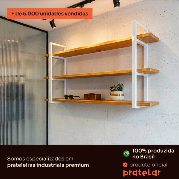 Prateleira tripla industrial branca 100x20 cm instalada em ambiente, Pratelar #100x20cm #branco