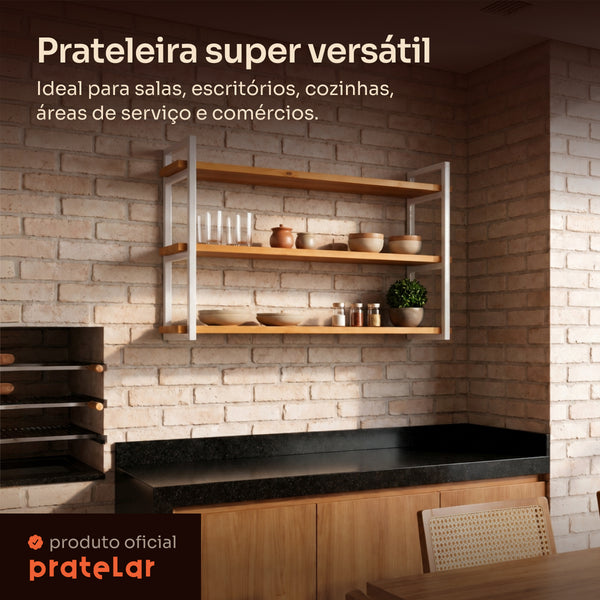 Prateleira tripla industrial branca 100x20 cm instalada em ambiente, Pratelar #100x20cm #branco
