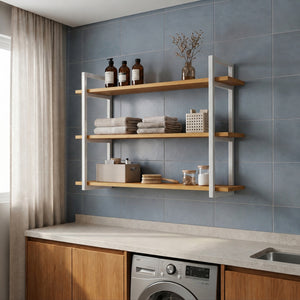 Prateleira tripla industrial branca 100x20 cm instalada em ambiente, Pratelar #100x20cm #branco