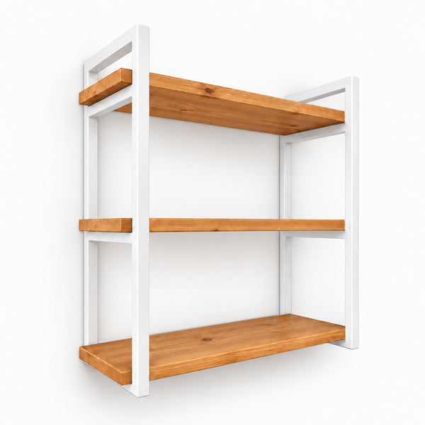 Prateleira tripla industrial branca 60x20 cm, ferro e madeira Pratelar #60x20cm #branco