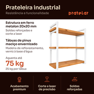Prateleira tripla industrial branca 60x20 cm, ferro e madeira de pinus, Pratelar #60x20cm #branco