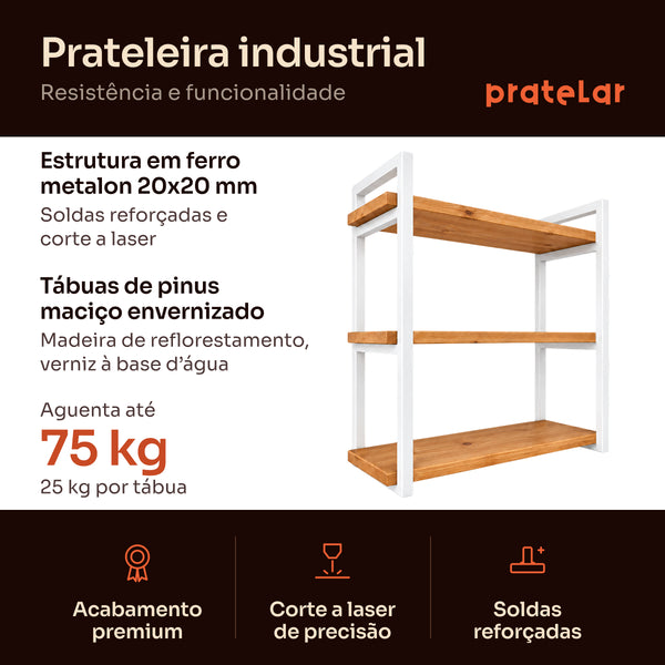 Prateleira tripla industrial branca 60x20 cm, ferro e madeira de pinus, Pratelar #60x20cm #branco
