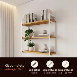 Prateleira tripla industrial branca 60x20 cm instalada em ambiente, Pratelar #60x20cm #branco