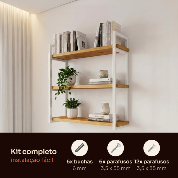Prateleira tripla industrial branca 60x20 cm instalada em ambiente, Pratelar #60x20cm #branco