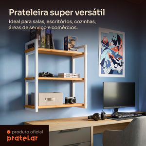 Prateleira tripla industrial branca 60x20 cm instalada em ambiente, Pratelar #60x20cm #branco