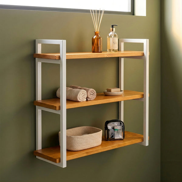 Prateleira tripla industrial branca 60x20 cm instalada em ambiente, Pratelar #60x20cm #branco