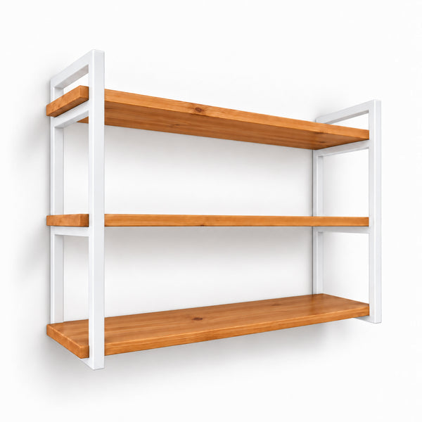 Prateleira tripla industrial branca 80x20 cm, ferro e madeira Pratelar #80x20cm #branco