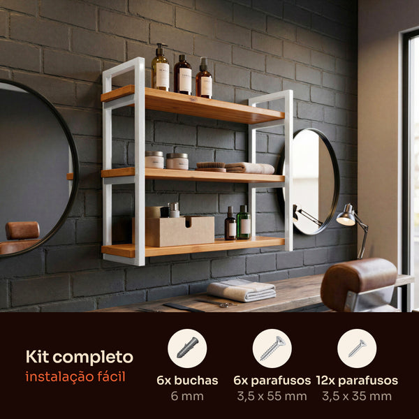 Prateleira tripla industrial branca 80x20 cm instalada em ambiente, Pratelar #80x20cm #branco
