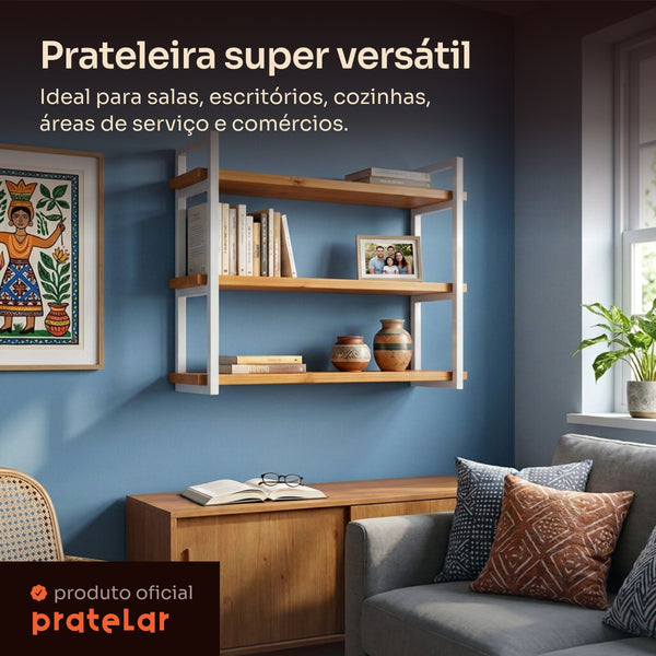 Prateleira tripla industrial branca 80x20 cm instalada em ambiente, Pratelar #80x20cm #branco
