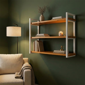 Prateleira tripla industrial branca 80x20 cm instalada em ambiente, Pratelar #80x20cm #branco
