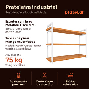 Prateleira tripla industrial branca, ferro e madeira de pinus, Pratelar #80x20cm|100x20cm #branco