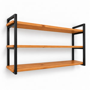 Prateleira tripla industrial preta 100x20 cm, ferro e madeira Pratelar #100x20cm #preto