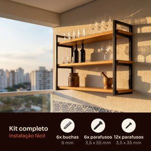 Prateleira tripla industrial preta 100x20 cm instalada em ambiente, Pratelar #100x20cm #preto