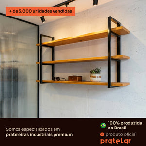 Prateleira tripla industrial preta 100x20 cm instalada em ambiente, Pratelar #100x20cm #preto
