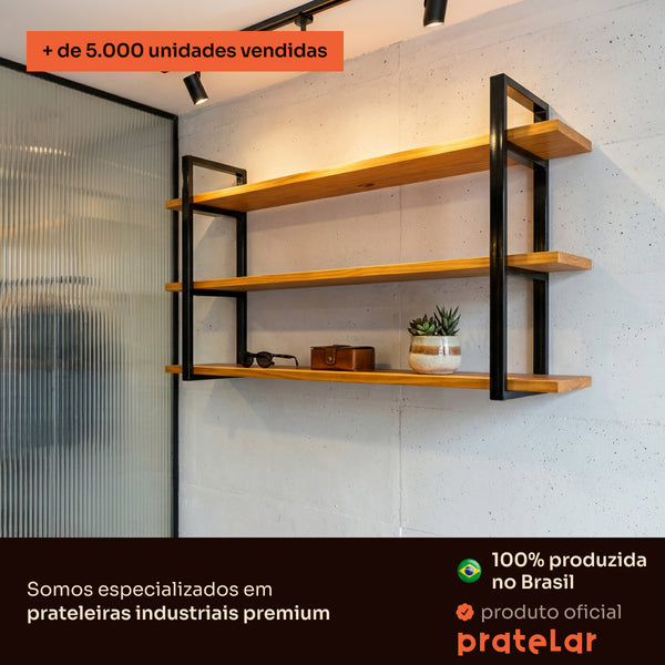 Prateleira tripla industrial preta 100x20 cm instalada em ambiente, Pratelar #100x20cm #preto